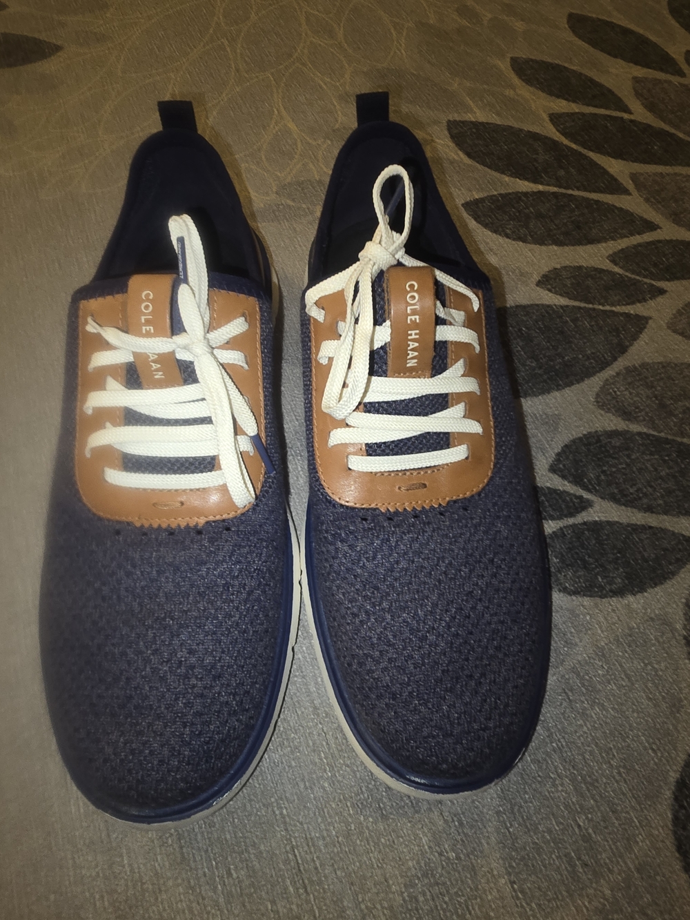 Cole Haan Navy Knit Stichliguy Sneakers with Brown Leather Accent Zerogrand